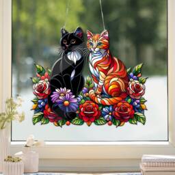 Personalized Cat Faux Stained Glass Acrylic Window Hanging & Flowers - thumbnail 1