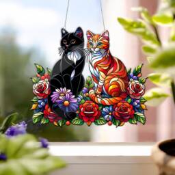Personalized Cat Faux Stained Glass Acrylic Window Hanging & Flowers - thumbnail 3