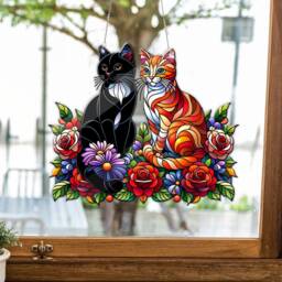 Personalized Cat Faux Stained Glass Acrylic Window Hanging & Flowers - thumbnail 2