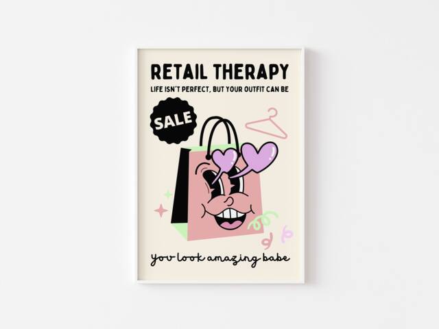 Retro Retail Therapy Cartoon Mascot Print - Fashion Bedroom Print, Clothes Shopping, Pastel Aesthetic, Dressing Room Cute - image 1