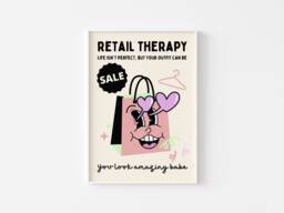 Retro Retail Therapy Cartoon Mascot Print - Fashion Bedroom Print, Clothes Shopping, Pastel Aesthetic, Dressing Room Cute - thumbnail 1