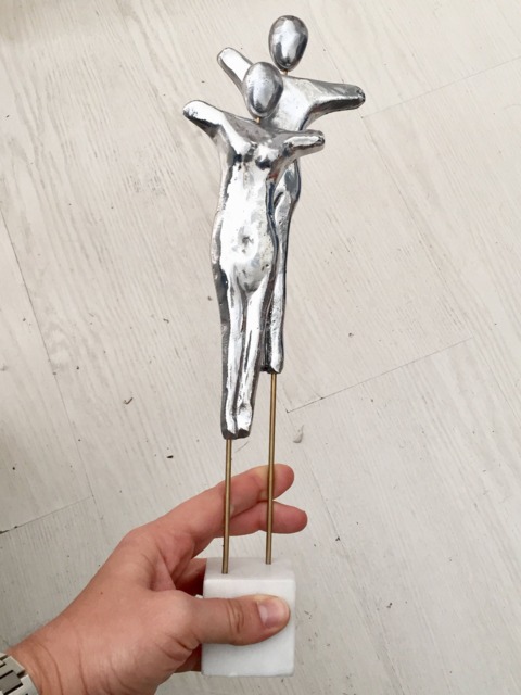 Abstract Aluminum Couple Sculpture, White Marble Stand - image 1