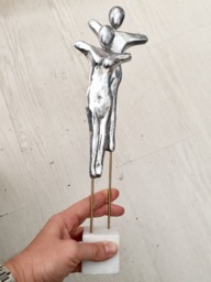 Abstract Aluminum Couple Sculpture, White Marble Stand - thumbnail 1