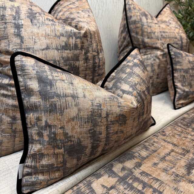 Mahali Brown Gold Lumbar Cushion Cover Black Velvet Piping Prestigious Textiles Luxury Abstract Pillow Handmade UK - image 1