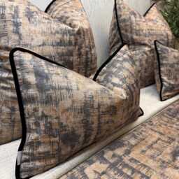 Mahali Brown Gold Lumbar Cushion Cover Black Velvet Piping Prestigious Textiles Luxury Abstract Pillow Handmade UK