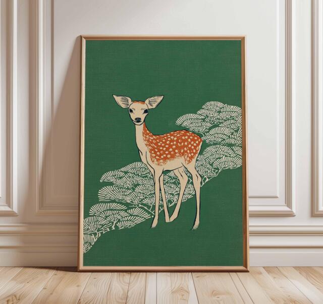 Deer Poster, Japanese Minimalist Animal Wall Art Print, Modern Nature Artwork, Woodland Decor, Calm Zen Home Illustration Print - image 1