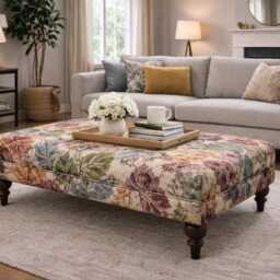 Modern Tapestry Coffee Table Ottoman, Handmade Upholstered Footstool Uk, Living Room Stool - thumbnail 2