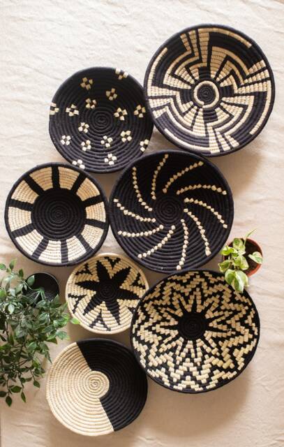 Black & Natural Sabai Handwoven Baskets, Wall Decor For Living Room, Art, African Boho Set Of 3/4/5 Or 7 - image 1