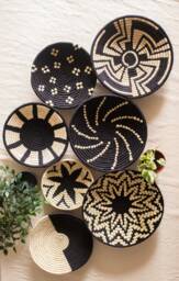 Black & Natural Sabai Handwoven Baskets, Wall Decor For Living Room, Art, African Boho Set Of 3/4/5 Or 7 - thumbnail 1