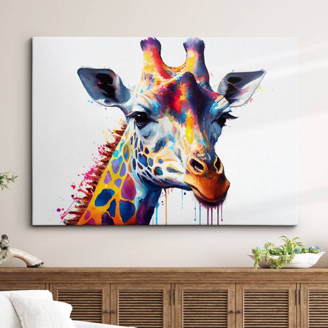 Colorful Giraffe Head Abstract Oil Painting Splatter Style Wall Art, Framed Canvas Poster Print, Home Kitchen Office Room Decor, Gifts - image 1