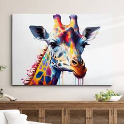 Colorful Giraffe Head Abstract Oil Painting Splatter Style Wall Art, Framed Canvas Poster Print, Home Kitchen Office Room Decor, Gifts - thumbnail 1