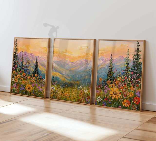 Neutral Wildflower Field Set Of 3 Prints, Daisy Posters, Landscape Painting Art, Rustic Farmhouse Decor, Country Meadow Wall Art - image 1