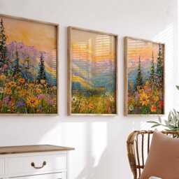 Neutral Wildflower Field Set Of 3 Prints, Daisy Posters, Landscape Painting Art, Rustic Farmhouse Decor, Country Meadow Wall Art - thumbnail 2
