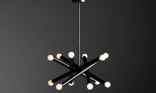 1950S Mid-Century Modern Black Tubular Chandelier - Italian Sputnik Style Pendant Light, Metal & Brass Ceiling Fixture - image 1