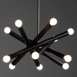 1950S Mid-Century Modern Black Tubular Chandelier - Italian Sputnik Style Pendant Light, Metal & Brass Ceiling Fixture - thumbnail 2