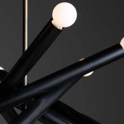 1950S Mid-Century Modern Black Tubular Chandelier - Italian Sputnik Style Pendant Light, Metal & Brass Ceiling Fixture - thumbnail 3