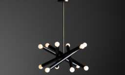 1950S Mid-Century Modern Black Tubular Chandelier - Italian Sputnik Style Pendant Light, Metal & Brass Ceiling Fixture - thumbnail 1