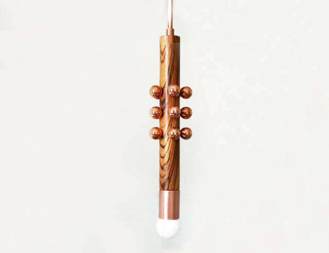 Copper & Zebra Wood Pendant Light - Modern Kitchen Lighting Powder Room Ceiling Fixture - image 1