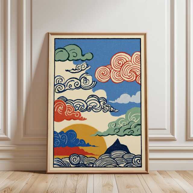 Blue Red Green Cloud Poster - Abstract Sky Illustration Graphic Folk Art Print - image 1