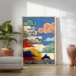 Blue Red Green Cloud Poster - Abstract Sky Illustration Graphic Folk Art Print - thumbnail 3