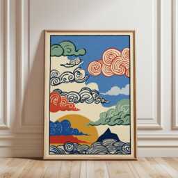 Blue Red Green Cloud Poster - Abstract Sky Illustration Graphic Folk Art Print - thumbnail 1