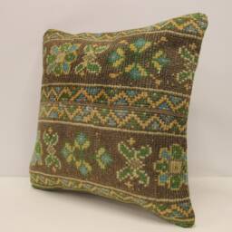 Vintage Turkish Rug Pillow Cover, Wool Throw Cushion - 18x18 In - thumbnail 3
