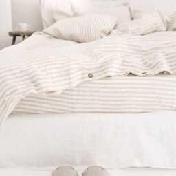 Natural Striped Linen Duvet Cover - Stonewashed Oatmeal Off White Bedding Queen King Comforter Oeko Tex Certified Midweight Set - thumbnail 3