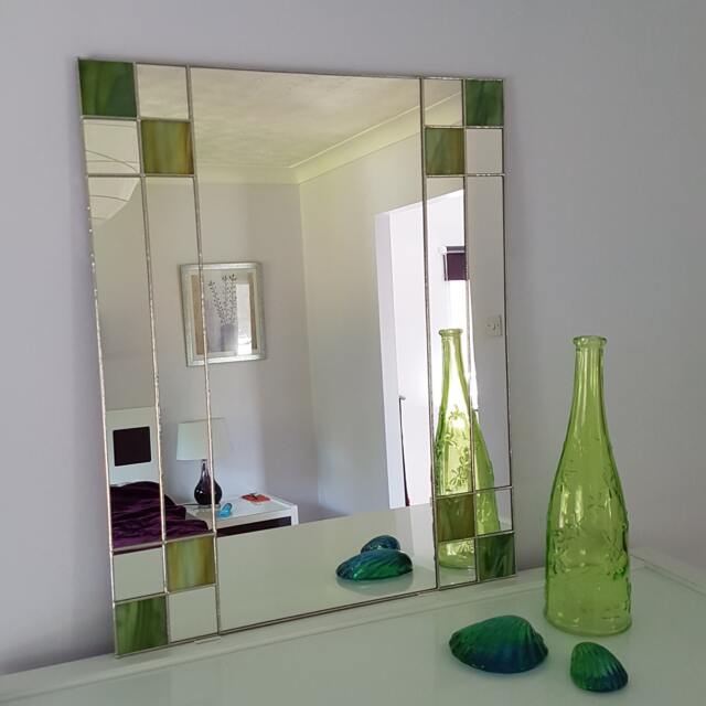 Art Deco Rectangular Green Mirror - Stained Glass Hand Crafted - image 1