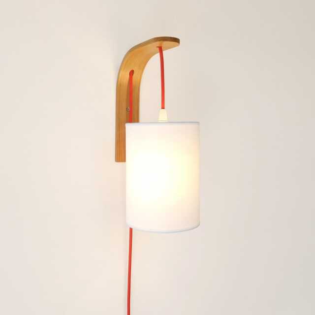 Plug-In Wall Sconce With Pendant Lampshade On Oak Wood Bracket, Bedside Hanging Light - image 1
