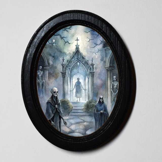 Halloween Black Oval Wooden Framed Picture, Skeleton Alter, Gothic Wall Hanging, Table Top, 3x4, 4x6, 5x7 - image 1