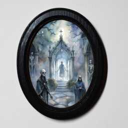 Halloween Black Oval Wooden Framed Picture, Skeleton Alter, Gothic Wall Hanging, Table Top, 3x4, 4x6, 5x7 - thumbnail 1