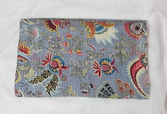 Handmade Floral Kantha Quilt Indian Cotton Bedspread Throw - image 1