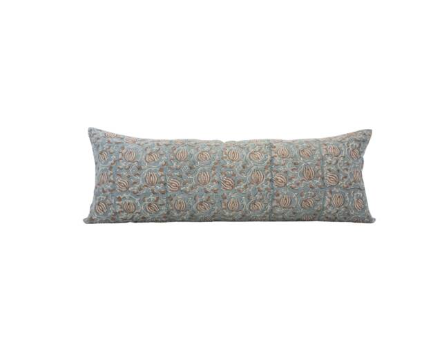 Celeste -- 14x36 Blue & Brown Floral Linen Pillow Cover Block Print Long Lumbar Bed Coastal - image 1