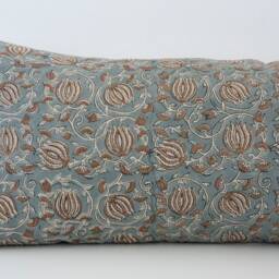 Celeste -- 14x36 Blue & Brown Floral Linen Pillow Cover Block Print Long Lumbar Bed Coastal - thumbnail 3