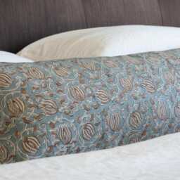 Celeste -- 14x36 Blue & Brown Floral Linen Pillow Cover Block Print Long Lumbar Bed Coastal - thumbnail 2
