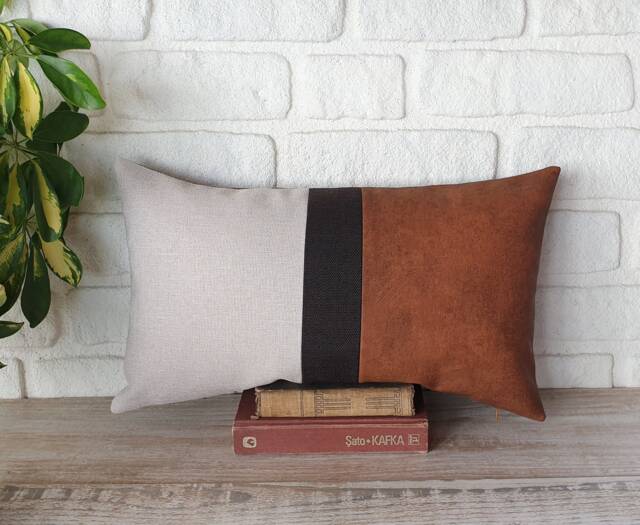 Color Block Faux Leather Lumbar Pillow Cover Linen & Terracotta - image 1