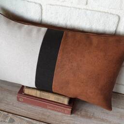 Color Block Faux Leather Lumbar Pillow Cover Linen & Terracotta - thumbnail 2