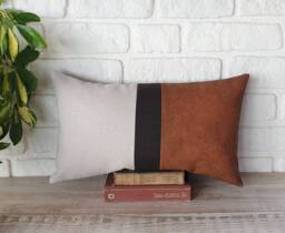 Color Block Faux Leather Lumbar Pillow Cover Linen & Terracotta - thumbnail 1