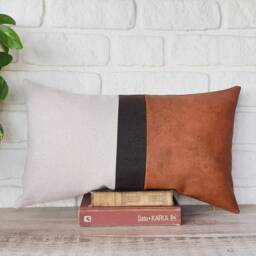 Color Block Faux Leather Lumbar Pillow Cover Linen & Terracotta - thumbnail 3