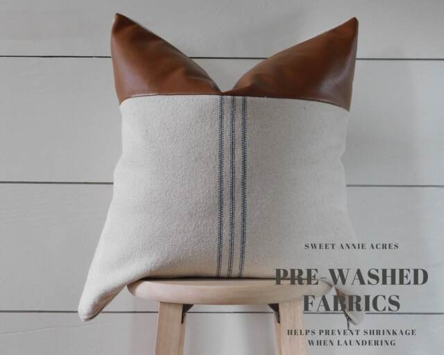 Clearance - Grain Sack Pillow Cover With Faux Leather Accent Feed Farmhouse Blue 9 Stripe Beige Fabric