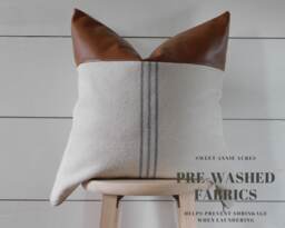 Clearance - Grain Sack Pillow Cover With Faux Leather Accent Feed Farmhouse Blue 9 Stripe Beige Fabric