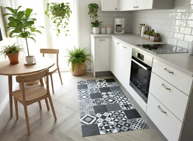 Black & White Vinyl Runner Floor Mat in Moroccan Tile Effect Pattern - image 1