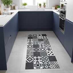 Black & White Vinyl Runner Floor Mat in Moroccan Tile Effect Pattern - thumbnail 4
