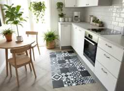 Black & White Vinyl Runner Floor Mat in Moroccan Tile Effect Pattern - thumbnail 1