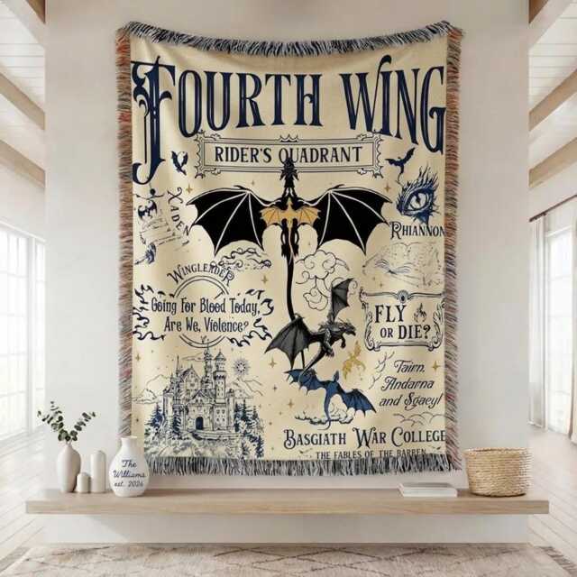 Fantasy Dragon Woven Blanket, Basgiath War College Throw, Fourth Wing Rider Throw Book Inspired Decor - image 1