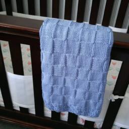 Dusty Blue Baby Blanket Hand Knitted in A Minimalist Check. Acrylic, Cotton, Wool - thumbnail 2