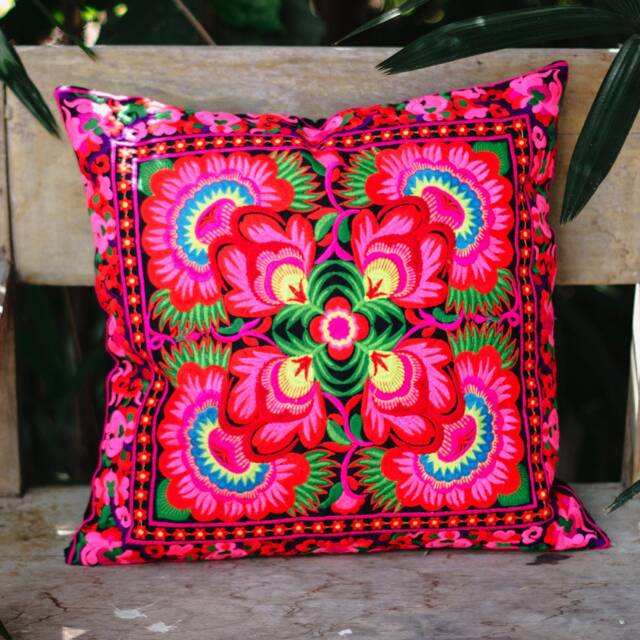 16x16 Handcrafted Hmong Embroidered Pillow Cover, Thai Tribal Floral Cushion - Cs101Blaf - image 1