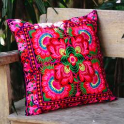 16x16 Handcrafted Hmong Embroidered Pillow Cover, Thai Tribal Floral Cushion - Cs101Blaf - thumbnail 3