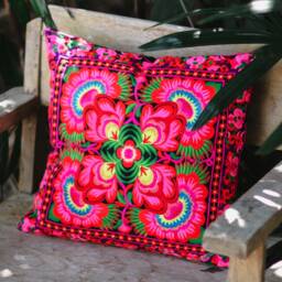 16x16 Handcrafted Hmong Embroidered Pillow Cover, Thai Tribal Floral Cushion - Cs101Blaf - thumbnail 2