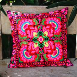 16x16 Handcrafted Hmong Embroidered Pillow Cover, Thai Tribal Floral Cushion - Cs101Blaf - thumbnail 1